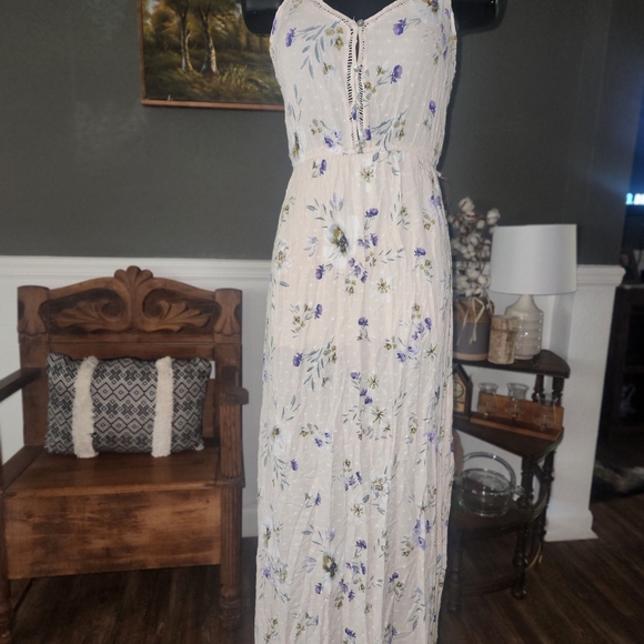 Promesa Cream Floral Maxi Dress with Blue and Purple Accents - Picture 1 of 2